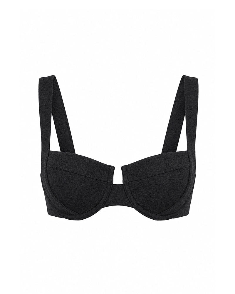 Fearless black balconette supportive bikini top on a white background