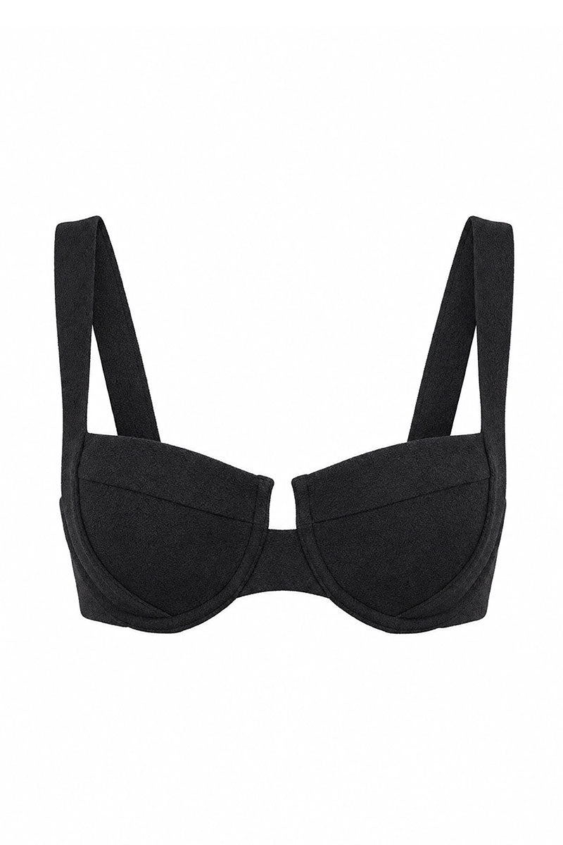 Fearless black balconette supportive bikini top on a white background