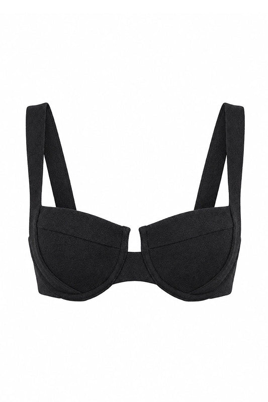 Fearless black balconette supportive bikini top on a white background