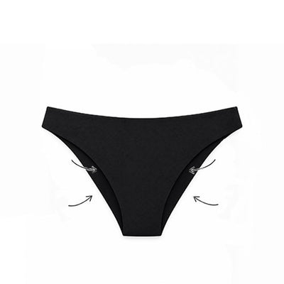 Black bikini bottom shown flat on a white background with small curved arrows pointing inward near the hip areas.
