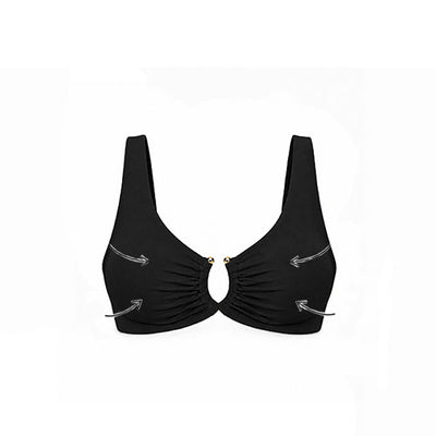Black ruched bikini top with thin shoulder straps and small gold-tone ring details at the center, shown on a plain white background.