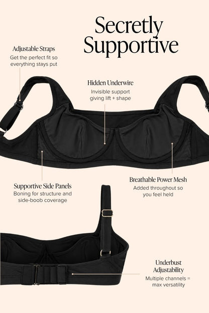A black underwire bra shown on a beige background with callout labels describing features such as adjustable straps, hidden underwire, supportive side panels, breathable power mesh, and underbust adjustability. Large text at the top reads 'Secretly Supportive'.