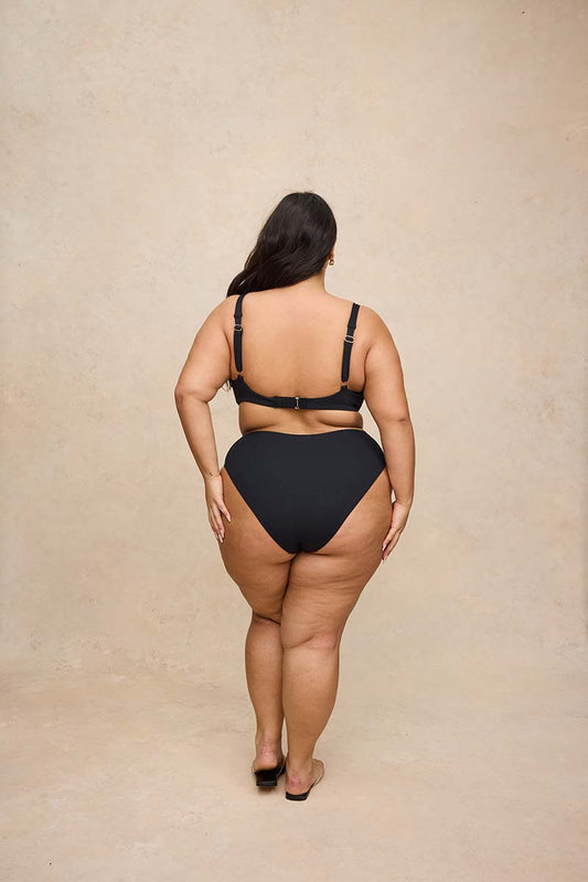 A plus-size woman is shown from behind wearing a black two-piece bikini and black flat sandals, standing against a textured beige studio backdrop.