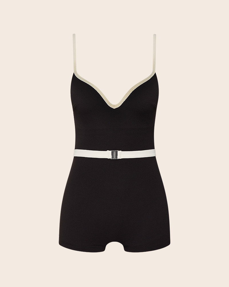 Black full coverage boyleg swimsuit. Black with white straps and white removable belt. 