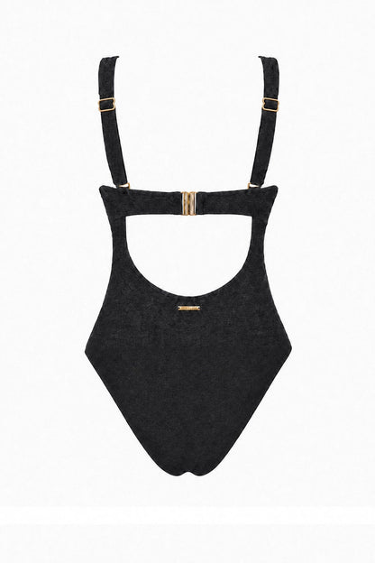 Black swimsuit with suspenders on a white background