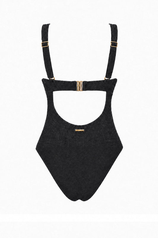 Black swimsuit with suspenders on a white background