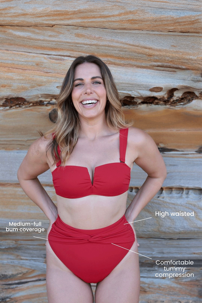 Woman wearing a red bikini against a wooden background with text labels on features.