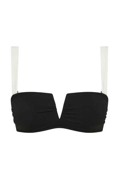 Fearless au Icon Bikini Top bikini top in Black with white trim, strapless underwire, shown on a model against a plain background