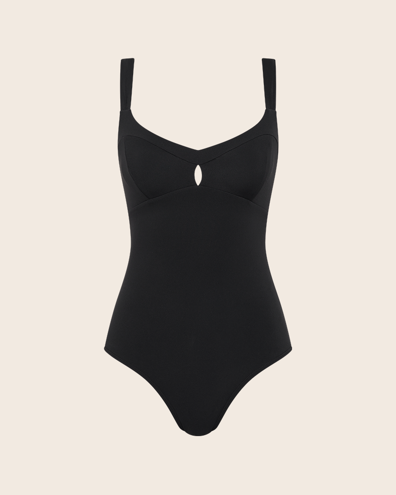 Black supportive bust One Piece Swimsuit with keyhole opening at chest. Pick a different size top vs bottom. Magic Sizing. 