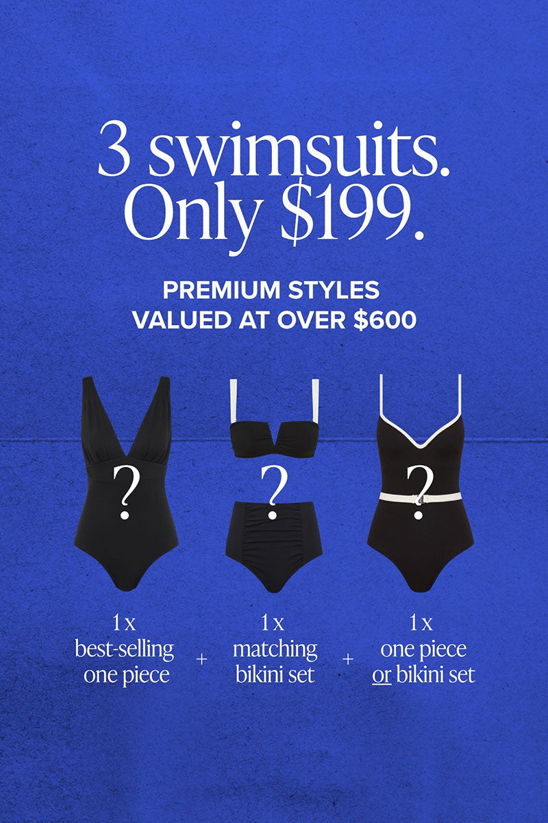 Promotional graphic for swimsuits with text on a blue background