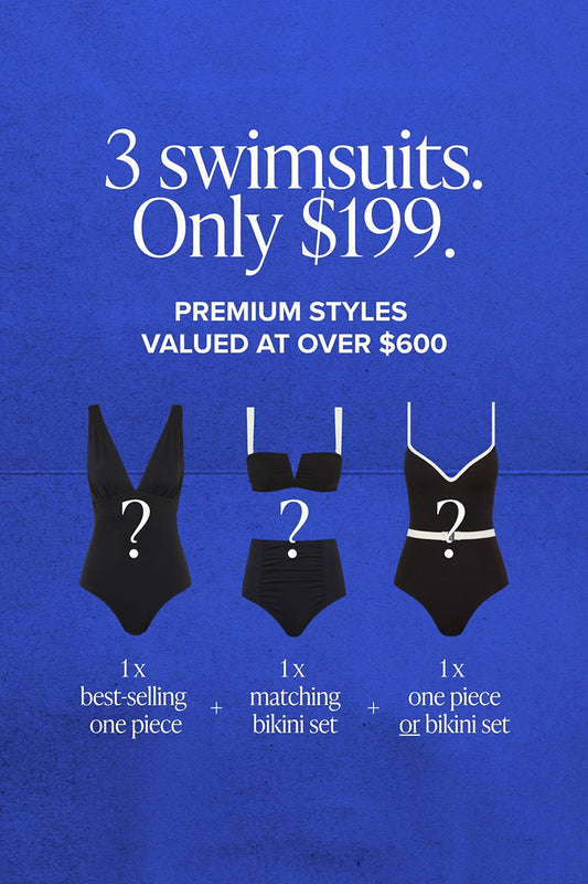 Promotional graphic for swimsuits with text on a blue background