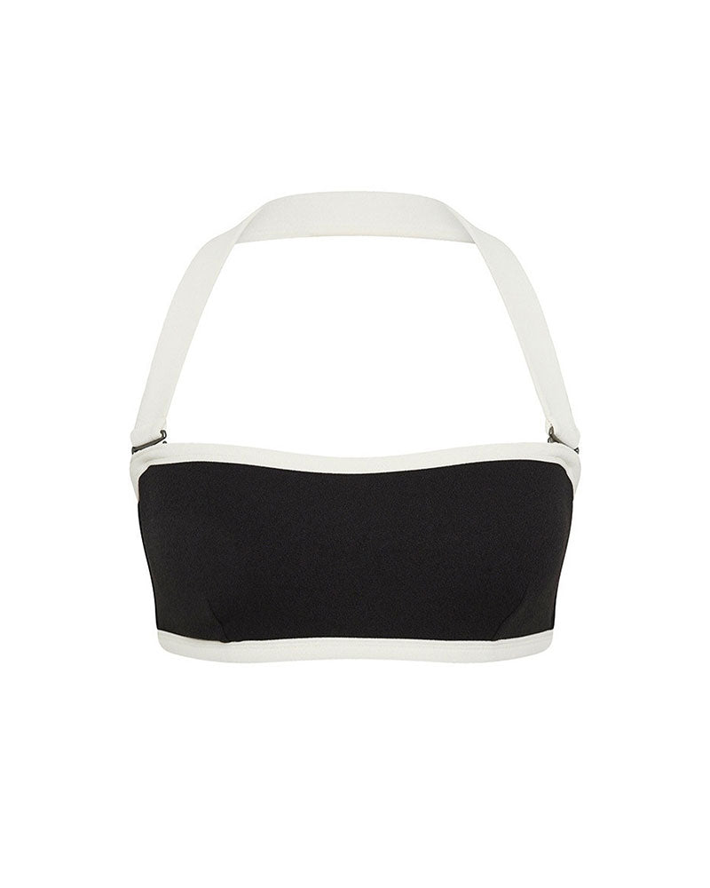 Black and white adjustable bandeau bikini top on a white background