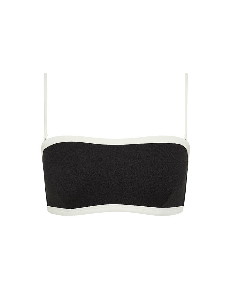 Black and white adjustable bandeau bikini top on a white background