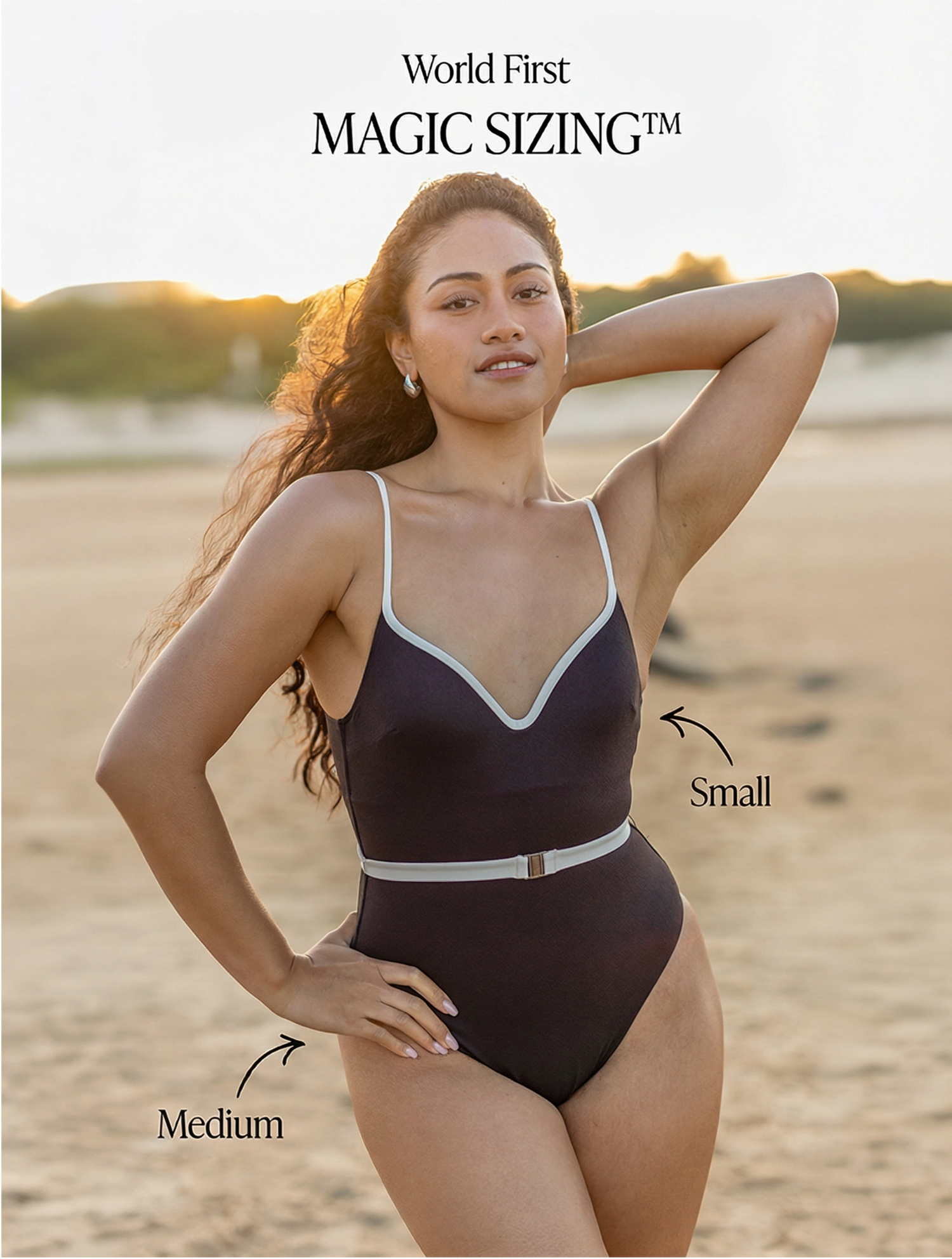 Woman wearing a swimsuit on a beach with text indicating 'World First MAGIC SIZING™' and size labels.