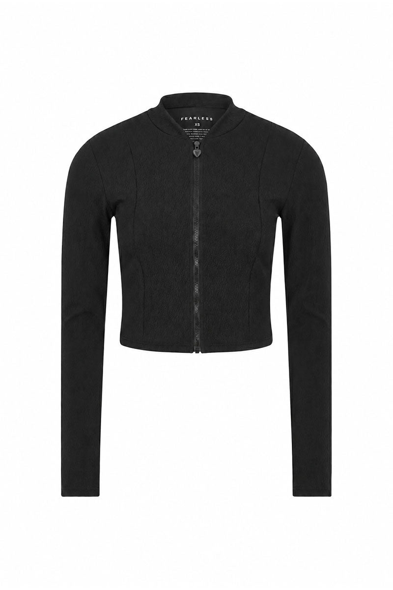 Black long sleeve top with front zip on a white background