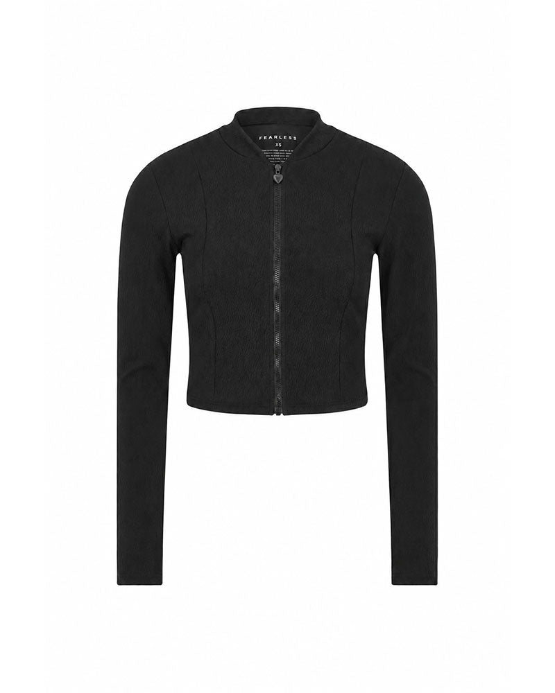 Black long-sleeve crop top on a white background