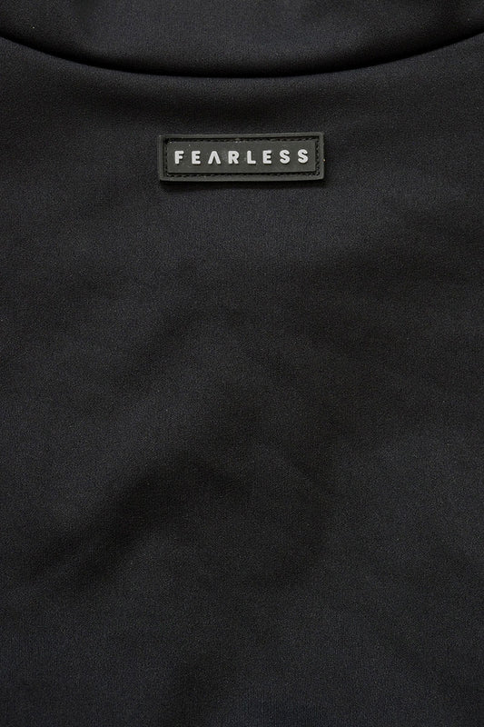 Fearless premium luxe smooth fabric in black. Fearless logo. Fearless swimwear is designed to withstand ocean swims, pool laps and long summer days - not stretch out after a handful of wears.