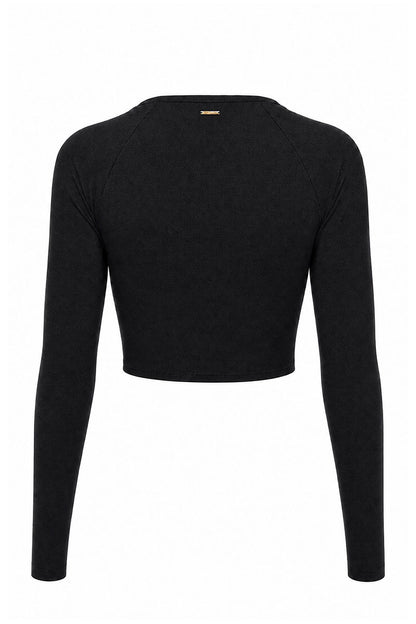 Black long-sleeve crop top on a white background