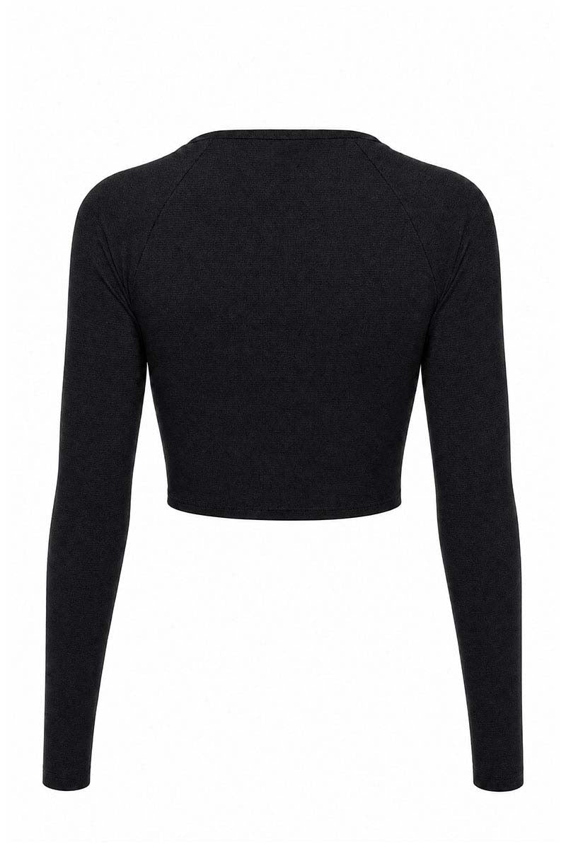 Black long-sleeve crop top on a white background
