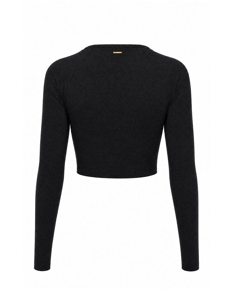 Black long-sleeve crop top on a white background