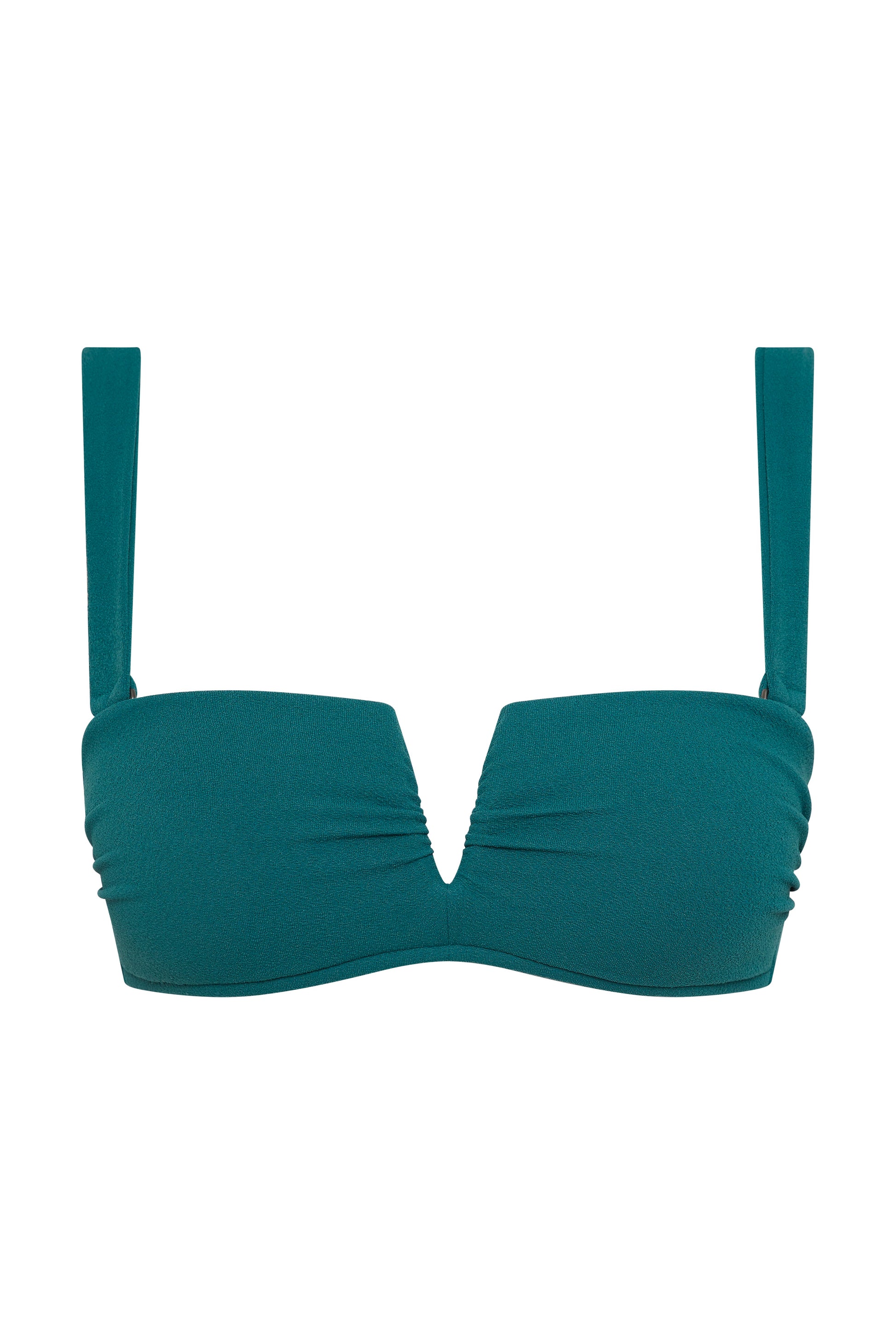 The Icon Bikini Top - Teal by Fearless au is a strapless, recycled-fabric bikini top featuring a sweetheart neckline, subtle center notch, and gathered side detailing.