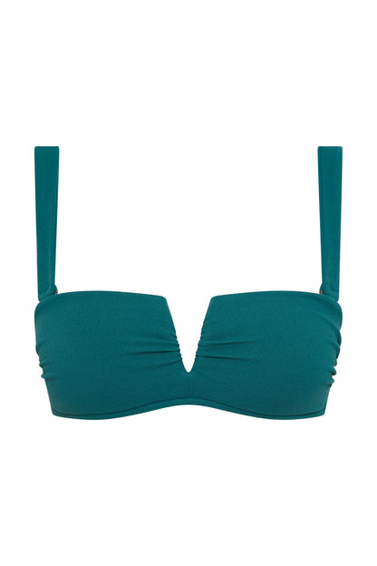 Fearless au Icon Bikini Top in Teal - bikini top with strapless underwire, DD/F cup support, crinkle recycled fabric, detachable straps, shown on a white background