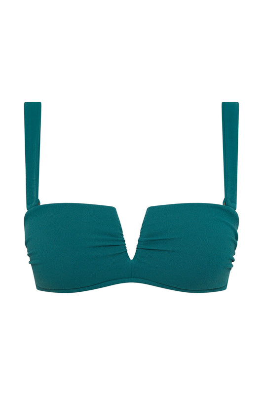 The Icon Bikini Top - Teal by Fearless au is a strapless, recycled-fabric bikini top featuring a sweetheart neckline, subtle center notch, and gathered side detailing.