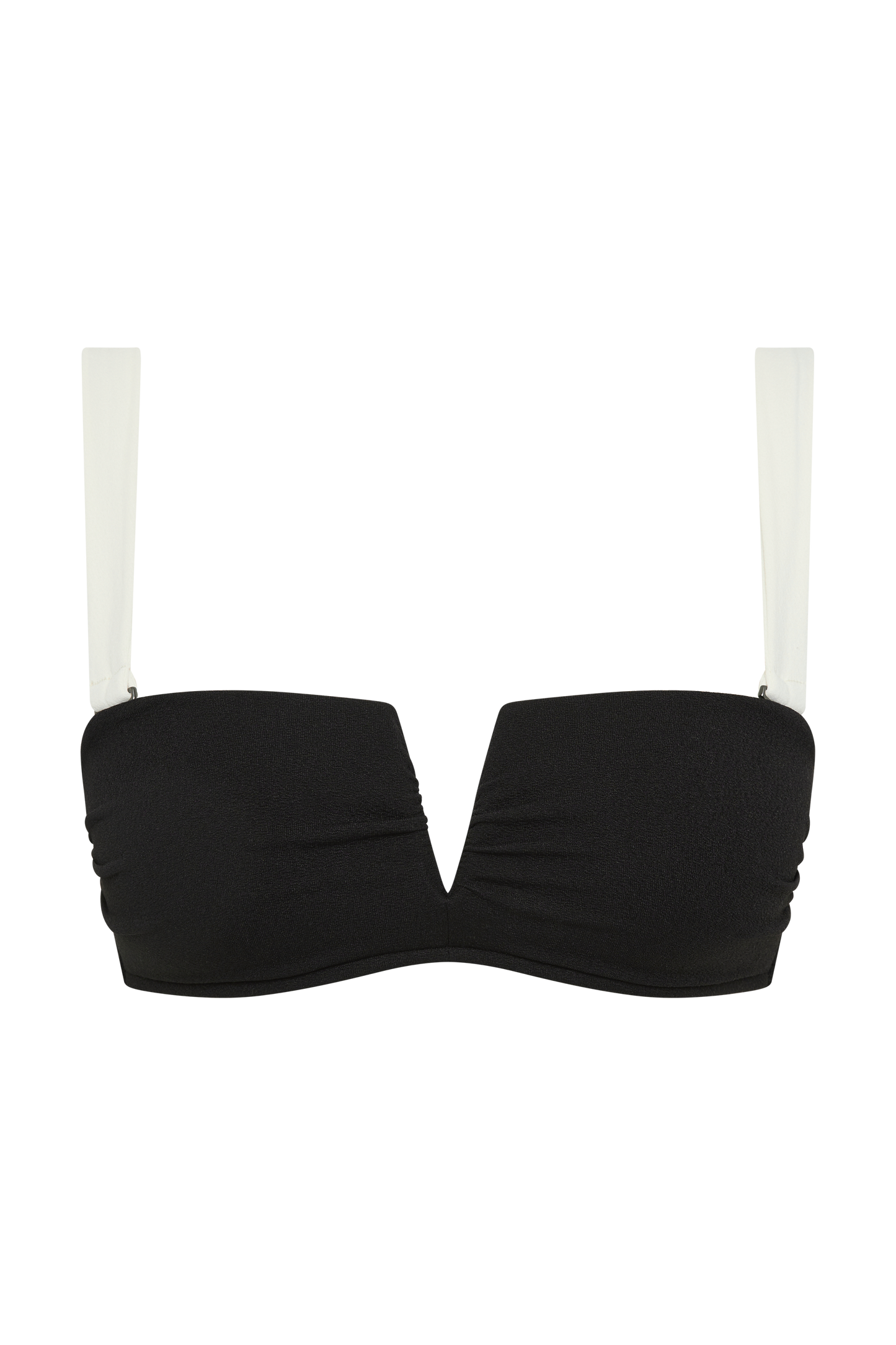 The Fearless au Icon Bikini Top features a strapless black and off-white design in recycled crinkle fabric, with a deep V-front and detachable white adjustable straps, shown on a plain white background.