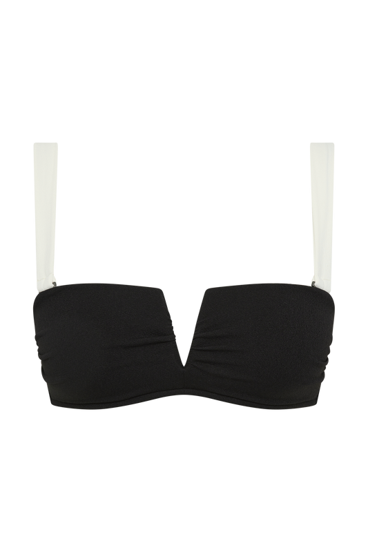 The Fearless au Icon Bikini Top features a strapless black and off-white design in recycled crinkle fabric, with a deep V-front and detachable white adjustable straps, shown on a plain white background.