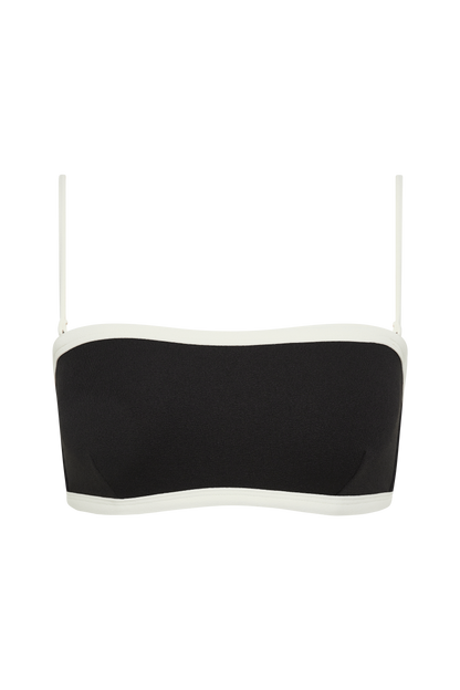 Fearless au Nova Bikini Top in Black with white trim - bikini top with convertible bandeau, adjustable straps, supportive underband, crinkle fabric, shown on a white background
