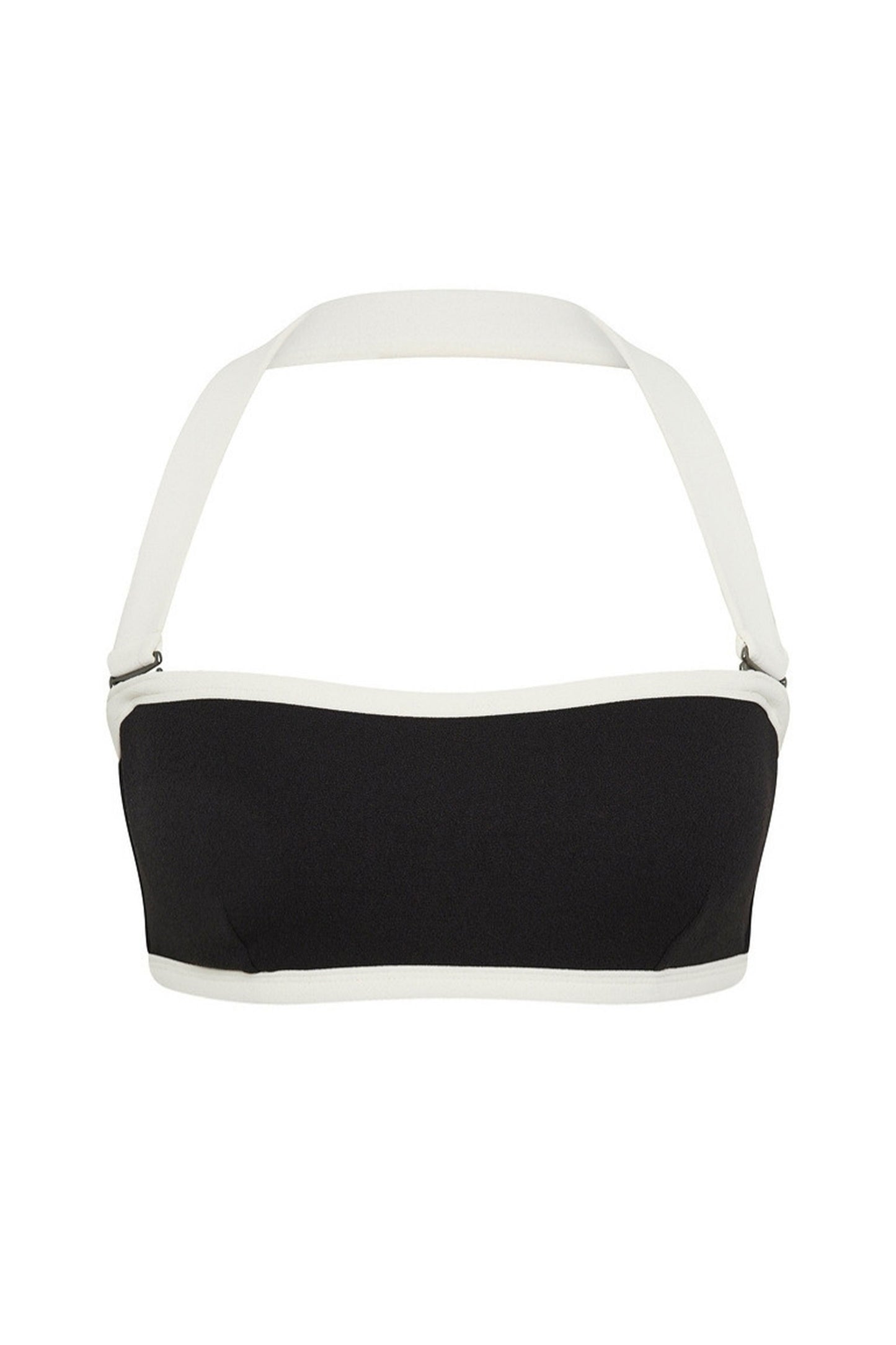 Black and white adjustable bandeau bikini top on a white background
