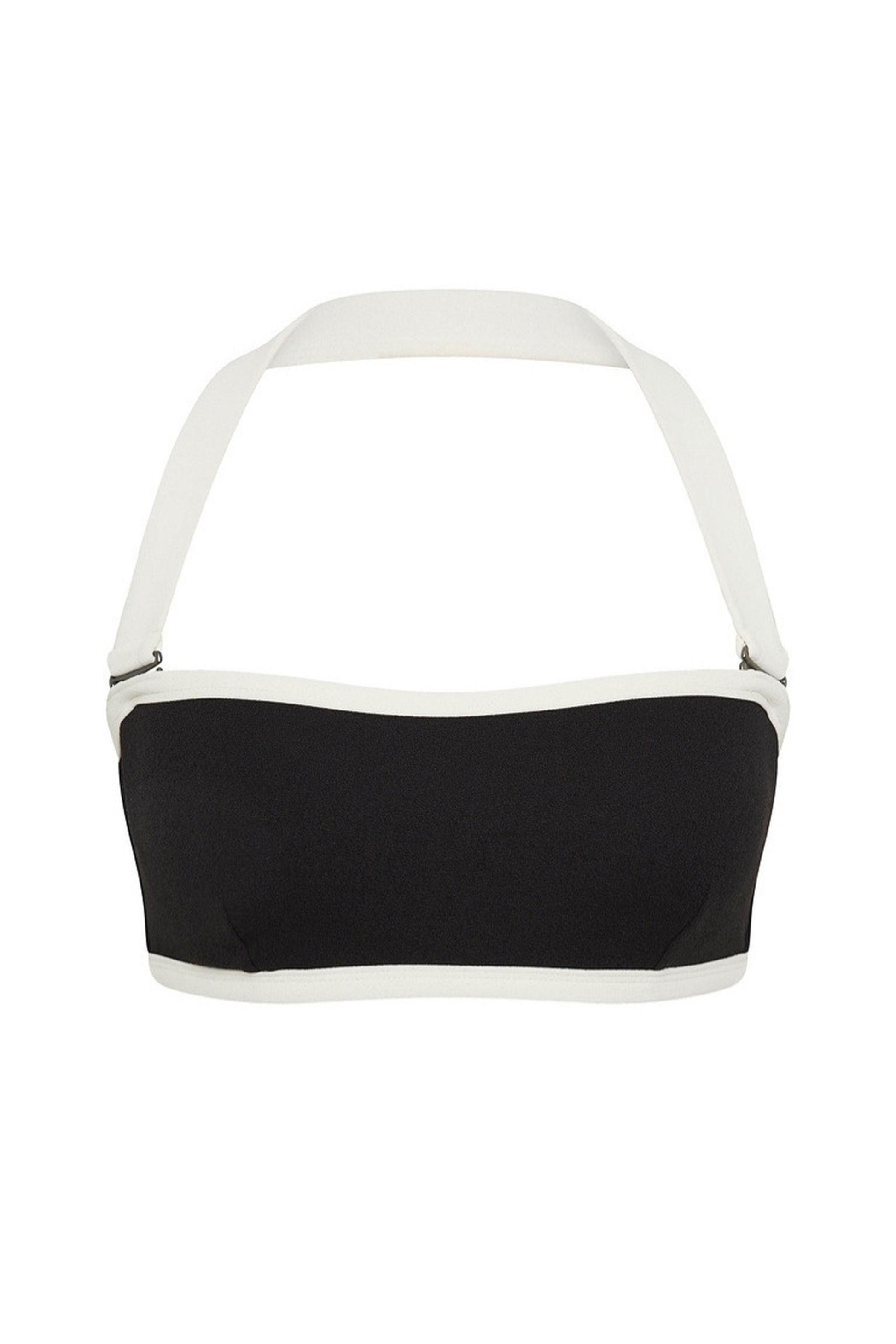 Black and white adjustable bandeau bikini top on a white background