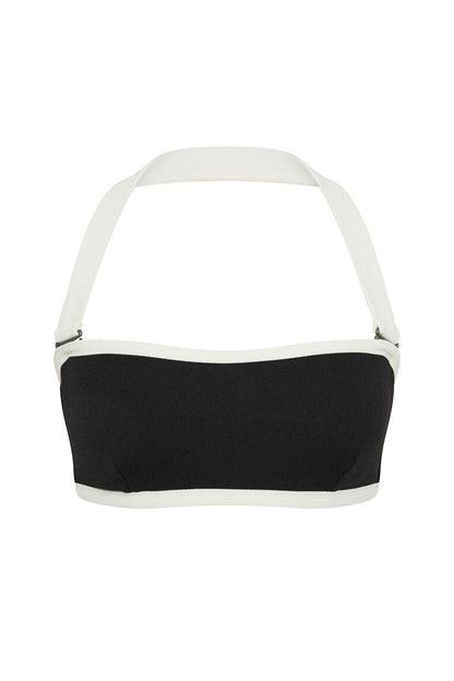 Fearless au Nova Bikini Top in Black with white trim - bikini top with convertible bandeau, adjustable straps, supportive underband, crinkle fabric, shown on a white background