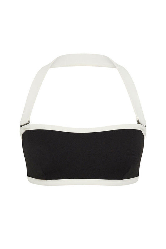 Black and white adjustable bandeau bikini top on a white background