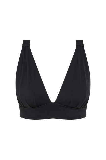 Fearless au All Day Bikini Top in Matte Black - bikini top with wireless deep V-neck, wide crossover straps, supportive underband, ideal for larger busts, shown on a white background
