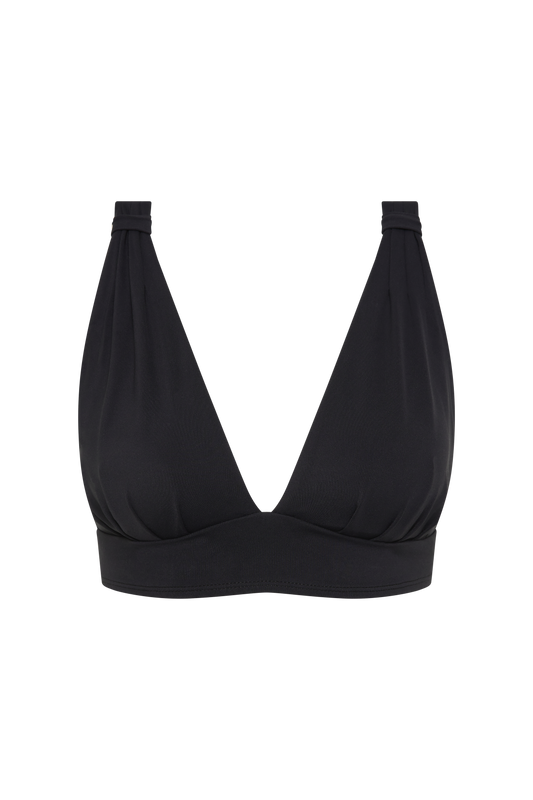 The Fearless au All Day Bikini Top-Matte Black features a wireless, deep V-neck design with wide straps and a supportive underband, ideal for big busts, shown on a plain white background.