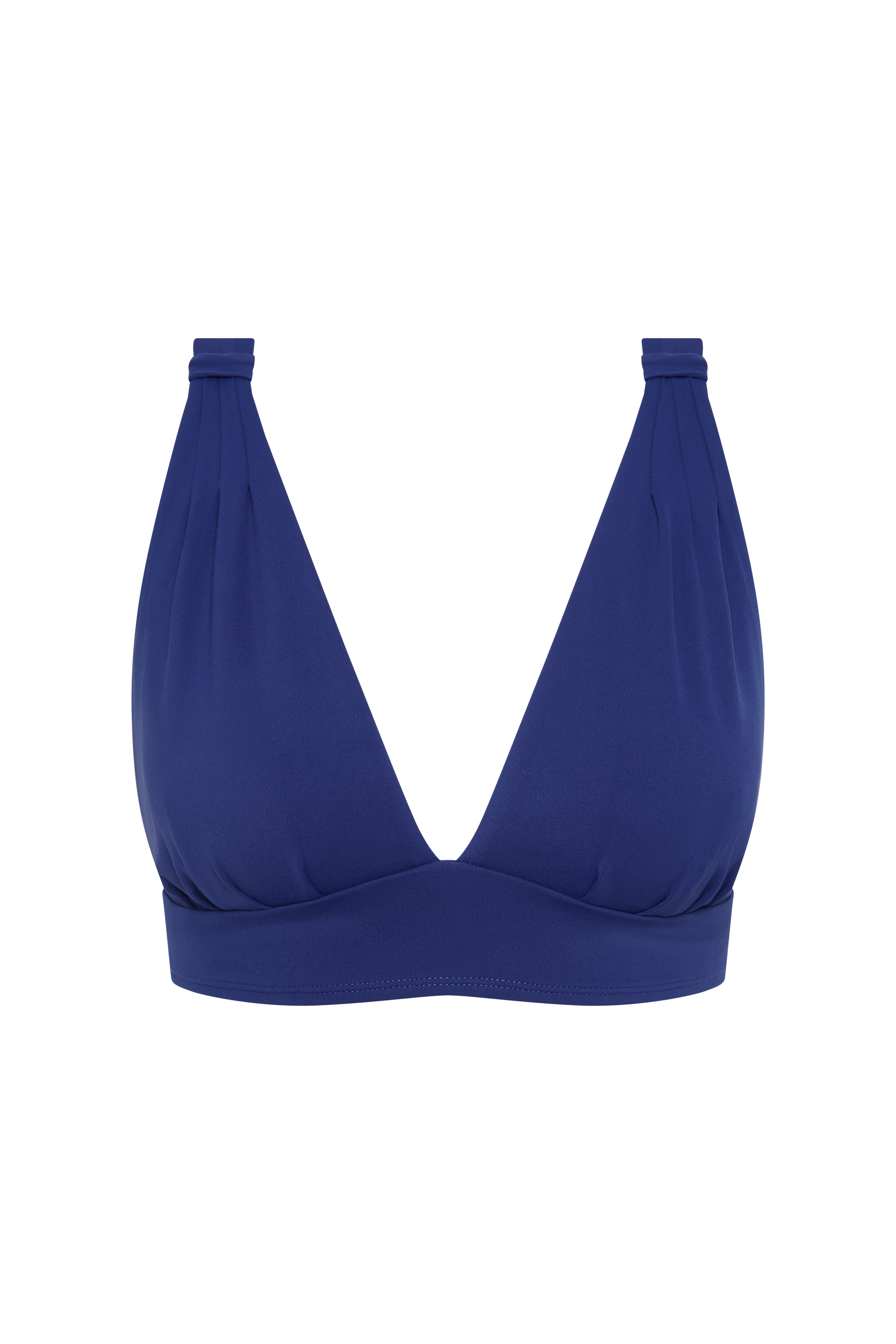 The All Day Bikini Top-Royal Blue by Fearless au is a deep blue wireless top with a plunging V-neckline, wide underband, adjustable straps, and gathered cup details, shown on a plain white background.