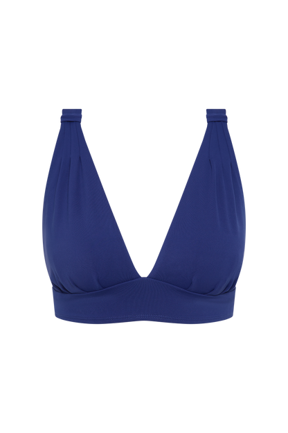 Fearless au All Day Bikini Top in Royal Blue - bikini top with wireless deep V-neck, wide crossover straps, supportive underband, ideal for larger busts, shown on a white background