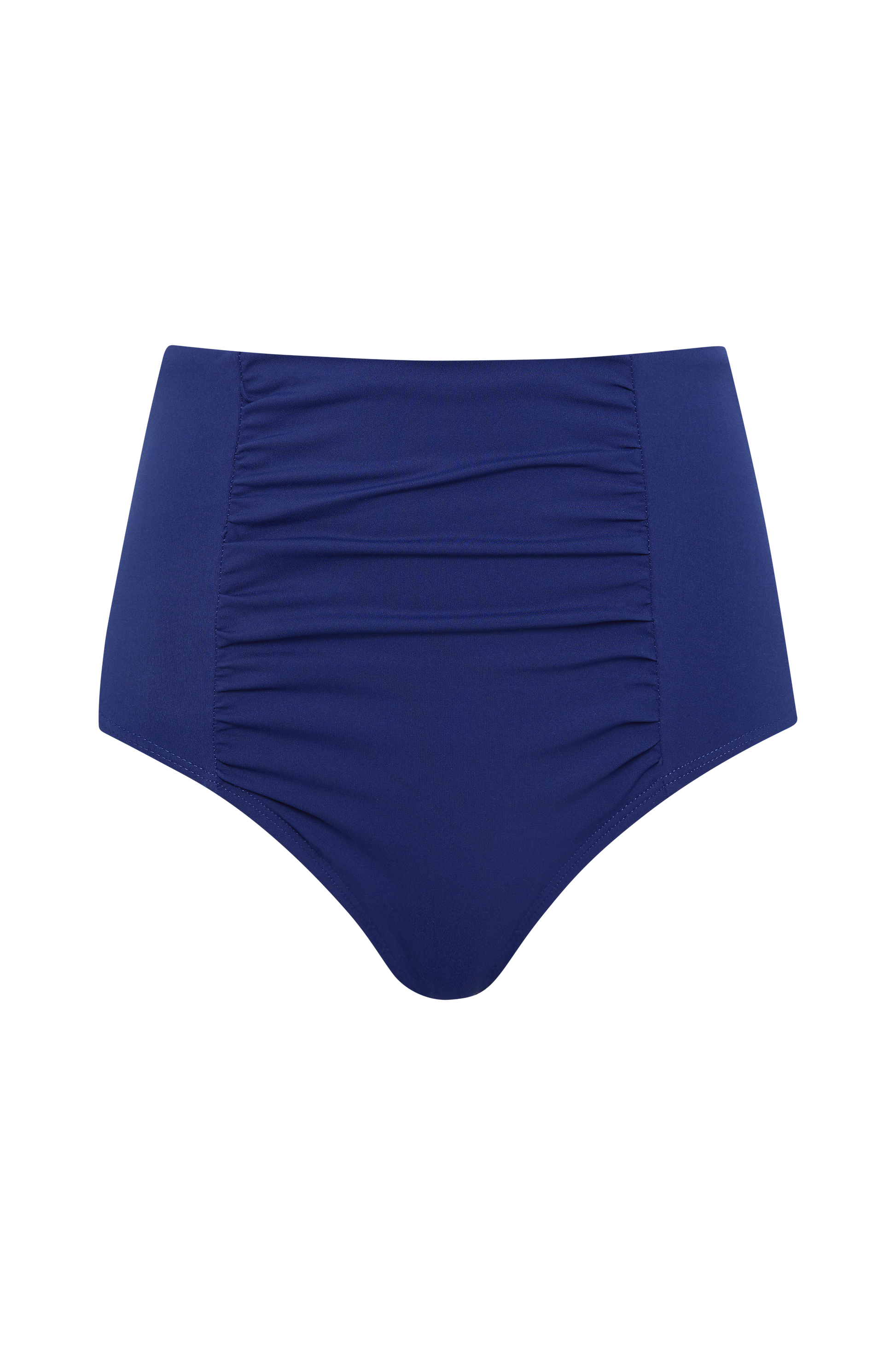 The Fearless au All Day Bikini Bottom-Royal Blue features a high-waisted, anti-wedgie design with front ruching detail, offering comfort and style. Shown here against a plain white background.