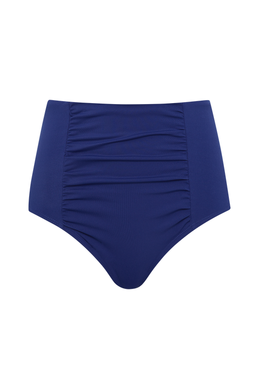 The Fearless au All Day Bikini Bottom-Royal Blue features a high-waisted, anti-wedgie design with front ruching detail, offering comfort and style. Shown here against a plain white background.