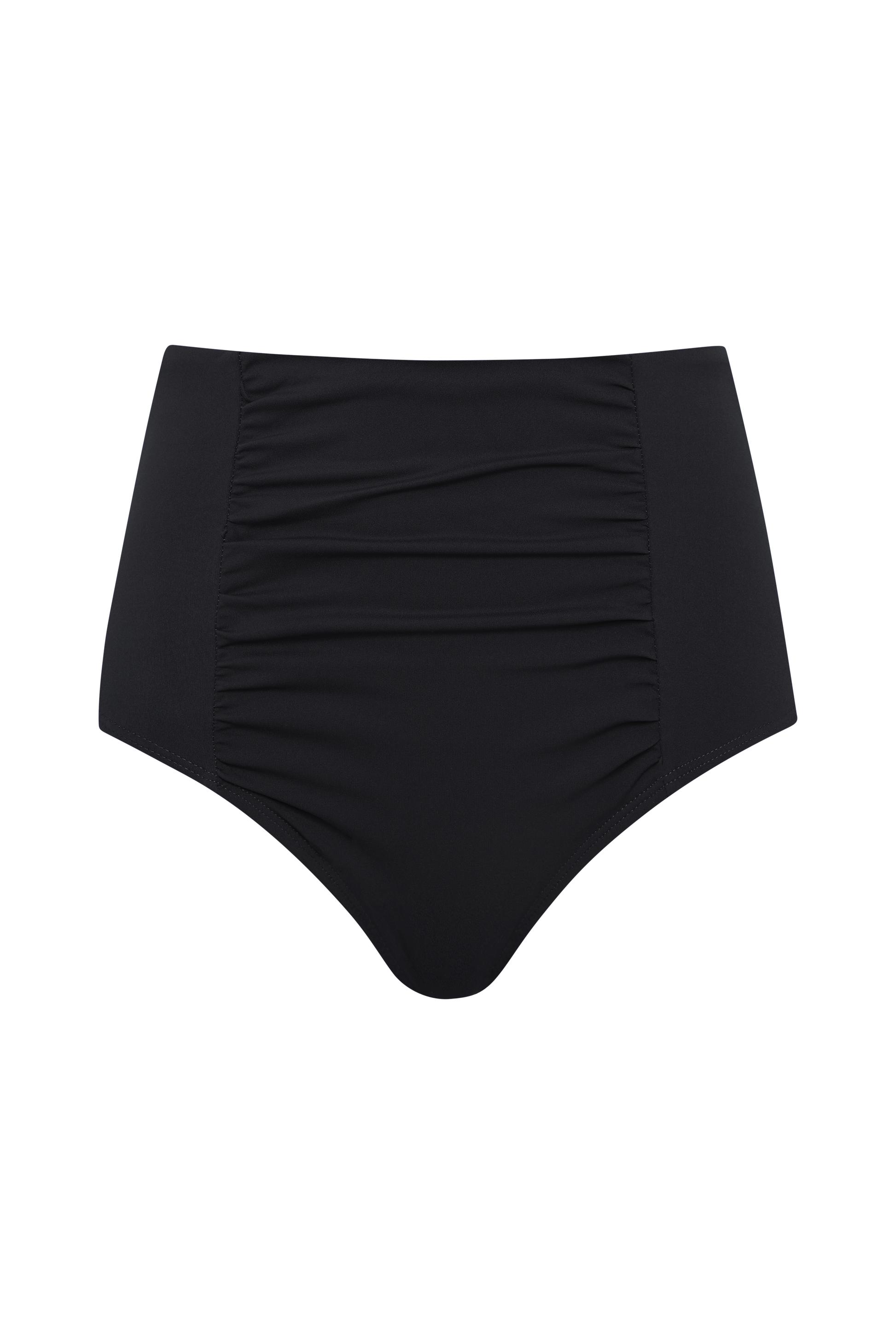 Fearless au’s All Day Bikini Bottom-Matte Black features high-waisted, ruched front detailing for flattering tummy control, shown against a plain white background.