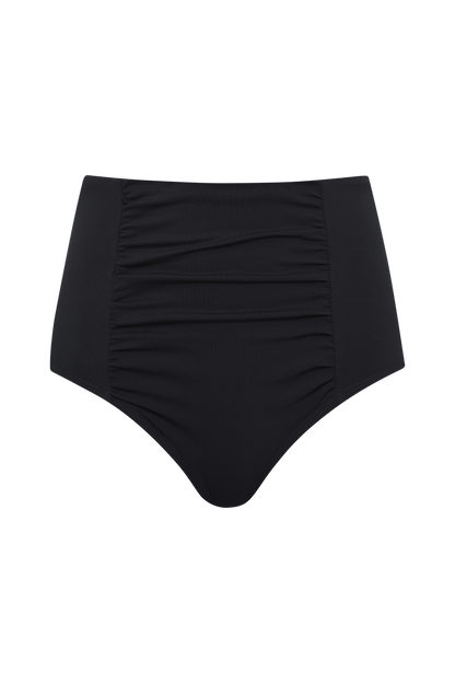 Fearless au All Day Bikini Bottom in Matte Black - bikini bottom with high-waisted, full-coverage, tummy control, adjustable ties, shown on a white background