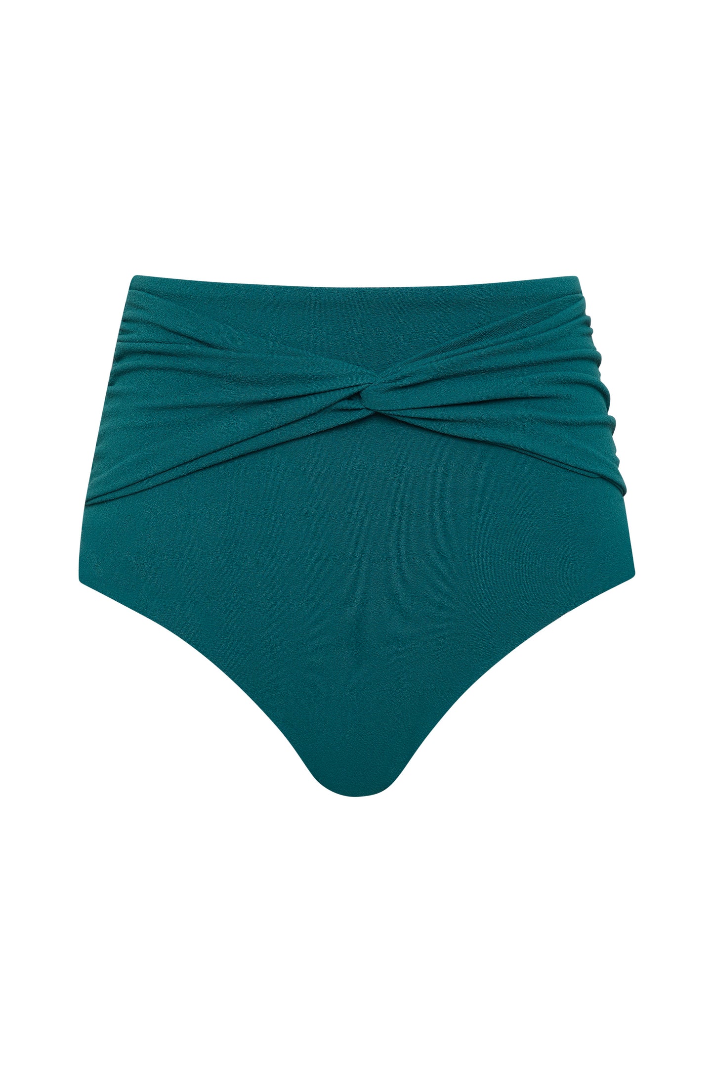 The Icon Bikini Bottom by Fearless au features a high-waisted teal design with ruched detailing and a twisted waist band, made from luxe crinkle fabric and shown on a plain white background.