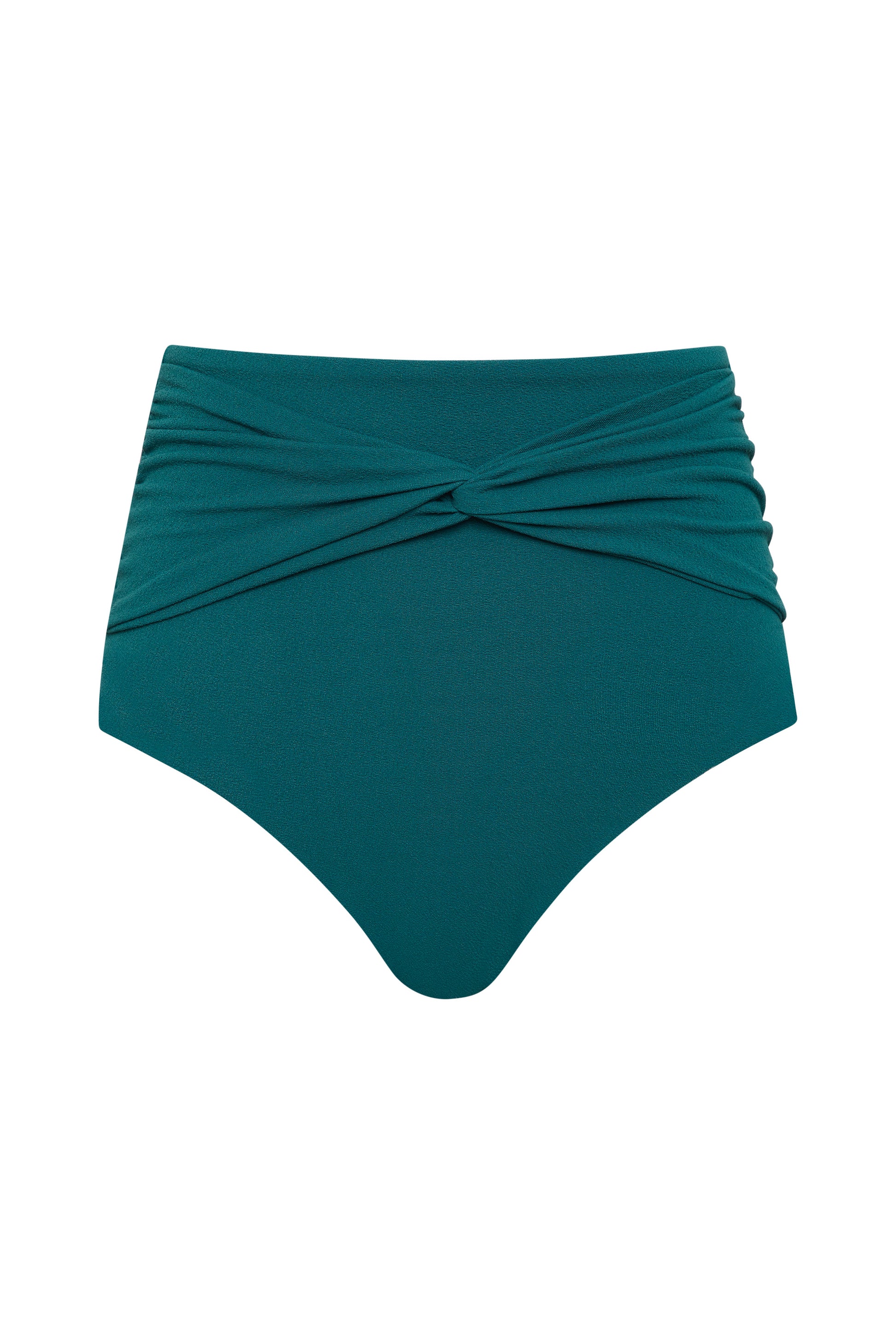 The Icon Bikini Bottom by Fearless au features a high-waisted teal design with ruched detailing and a twisted waist band, made from luxe crinkle fabric and shown on a plain white background.
