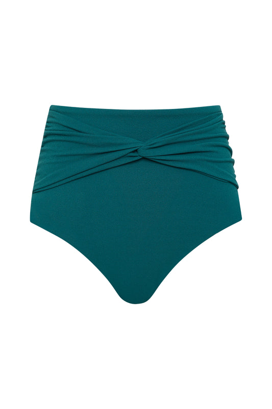 The Icon Bikini Bottom by Fearless au features a high-waisted teal design with ruched detailing and a twisted waist band, made from luxe crinkle fabric and shown on a plain white background.