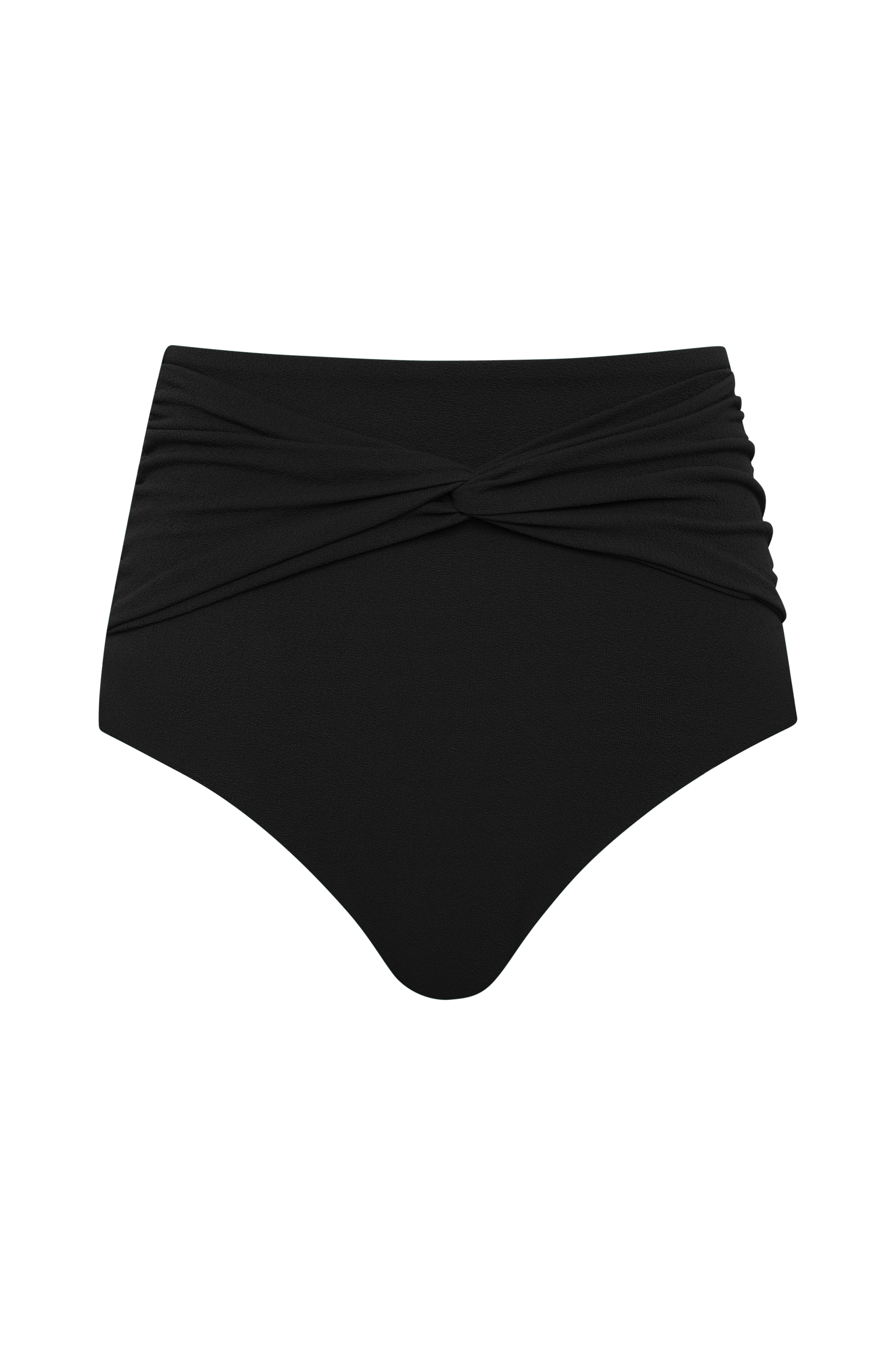 The Fearless au Icon Bikini Bottom is a high-waisted black style made from recycled crinkle fabric, with a draped crisscross front and ruched sides, shown on a plain white background.