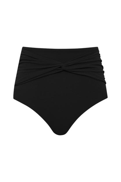 Fearless au Icon Bikini Bottom in Black - bikini bottom with high-waisted, full-coverage, crinkle fabric, tummy control, shown on a white background