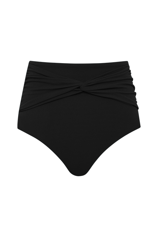 The Fearless au Icon Bikini Bottom is a high-waisted black style made from recycled crinkle fabric, with a draped crisscross front and ruched sides, shown on a plain white background.