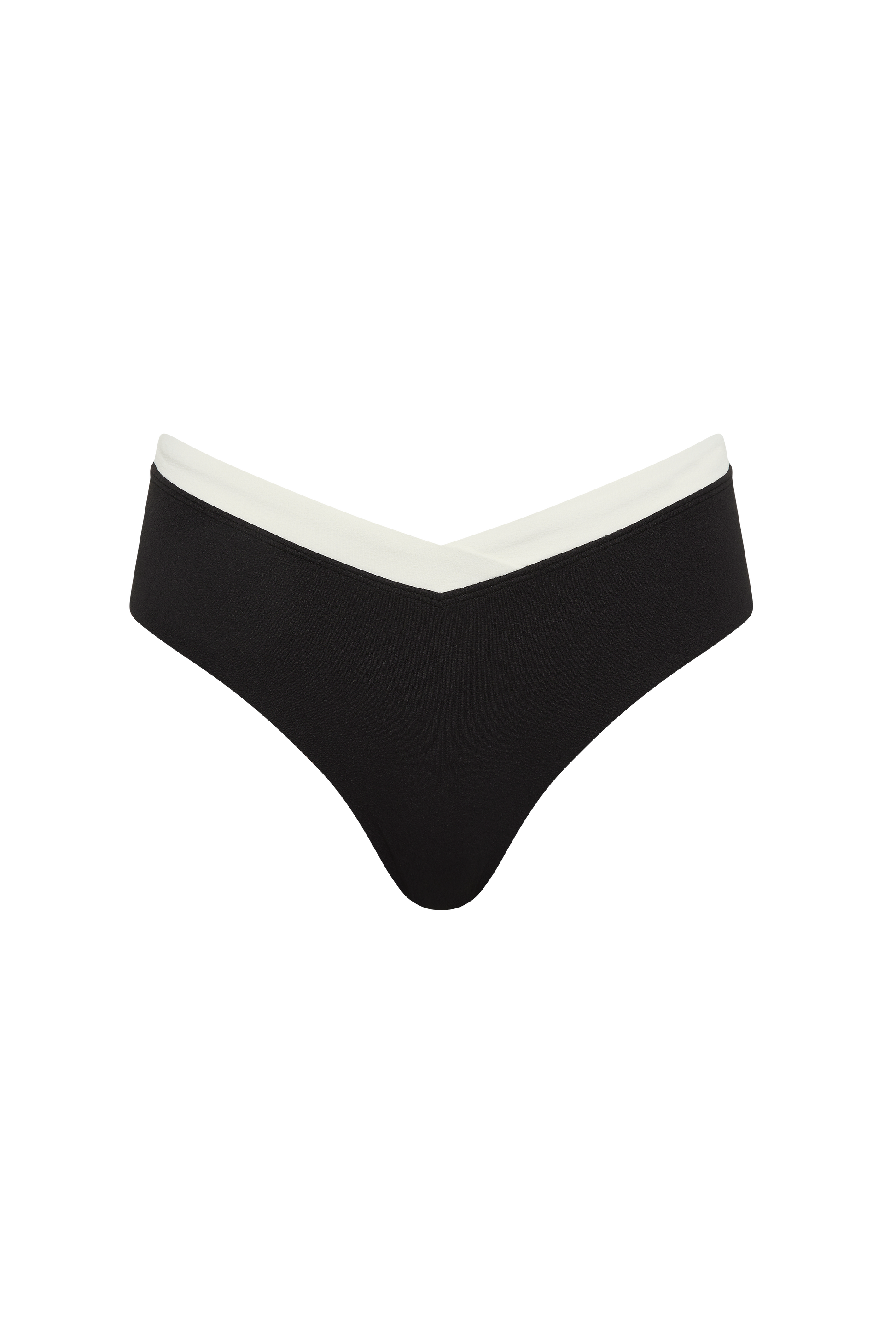 The Nova Bikini Bottom by Fearless au features a black V-cut design with a white waistband, made from recycled swimwear fabric. Shown on a plain white background.