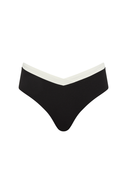 Fearless au Nova Bikini Bottom in Black with white waistband - bikini bottom with V-cut high-waisted, crinkle fabric, full rear coverage, shown on a white background